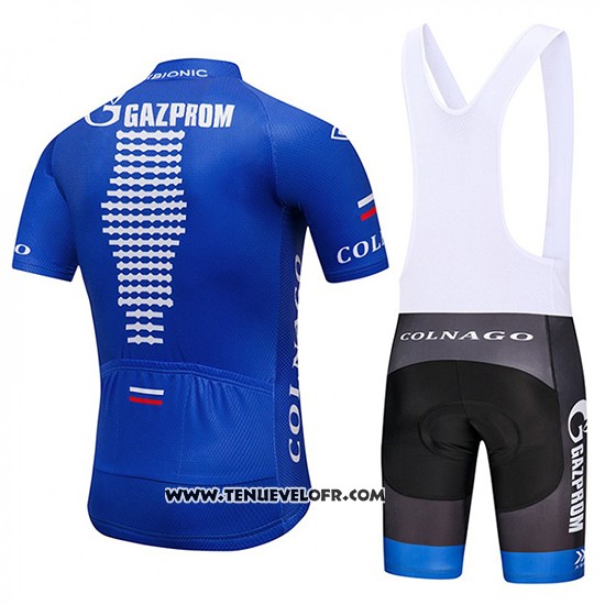 2018 Maillot Ciclismo Gazprom Rusvelo Bleu et Blanc Manches Courtes et Cuissard